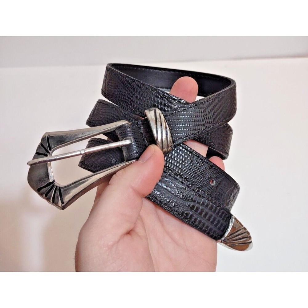 Leather Shop Women's M Black Leather Belt USA Made Silver Tone Moc Croc